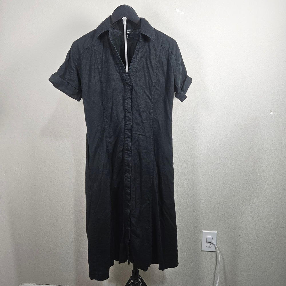 Banana Republic Shirt Dress Womens XS Black Linen Blend Midi Minimalist Chic